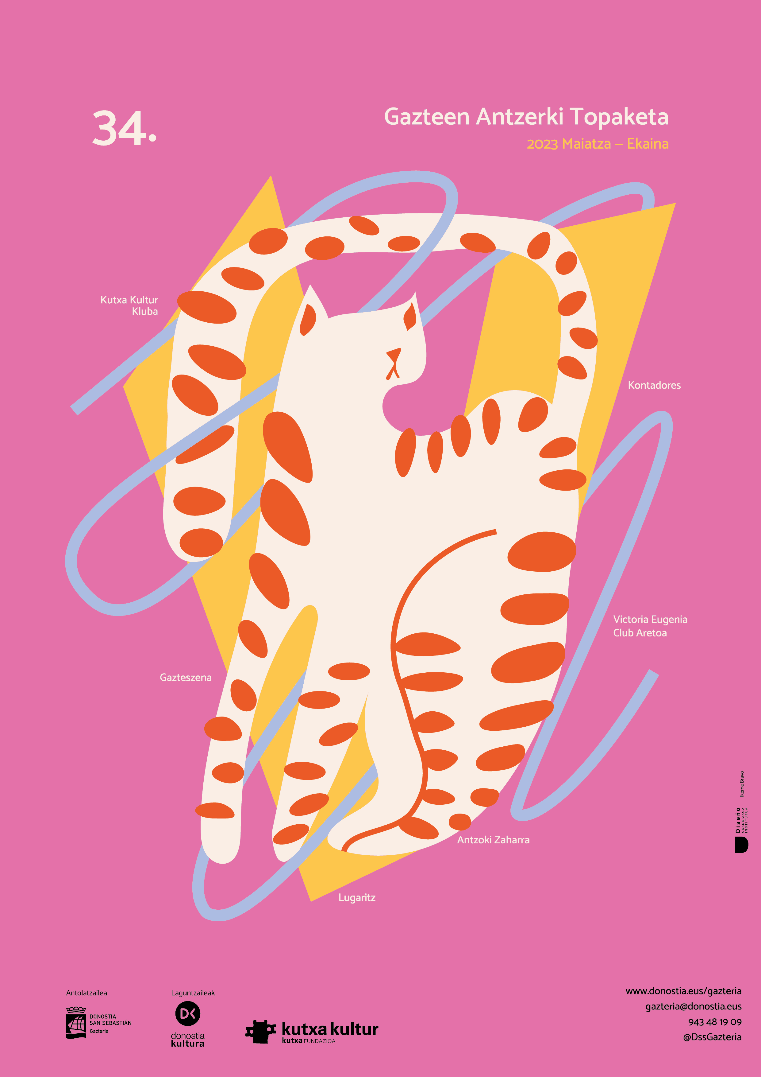 Diseño de cartel con ilustración de gato de la campaña de Gazteen Antzerki Topaketa