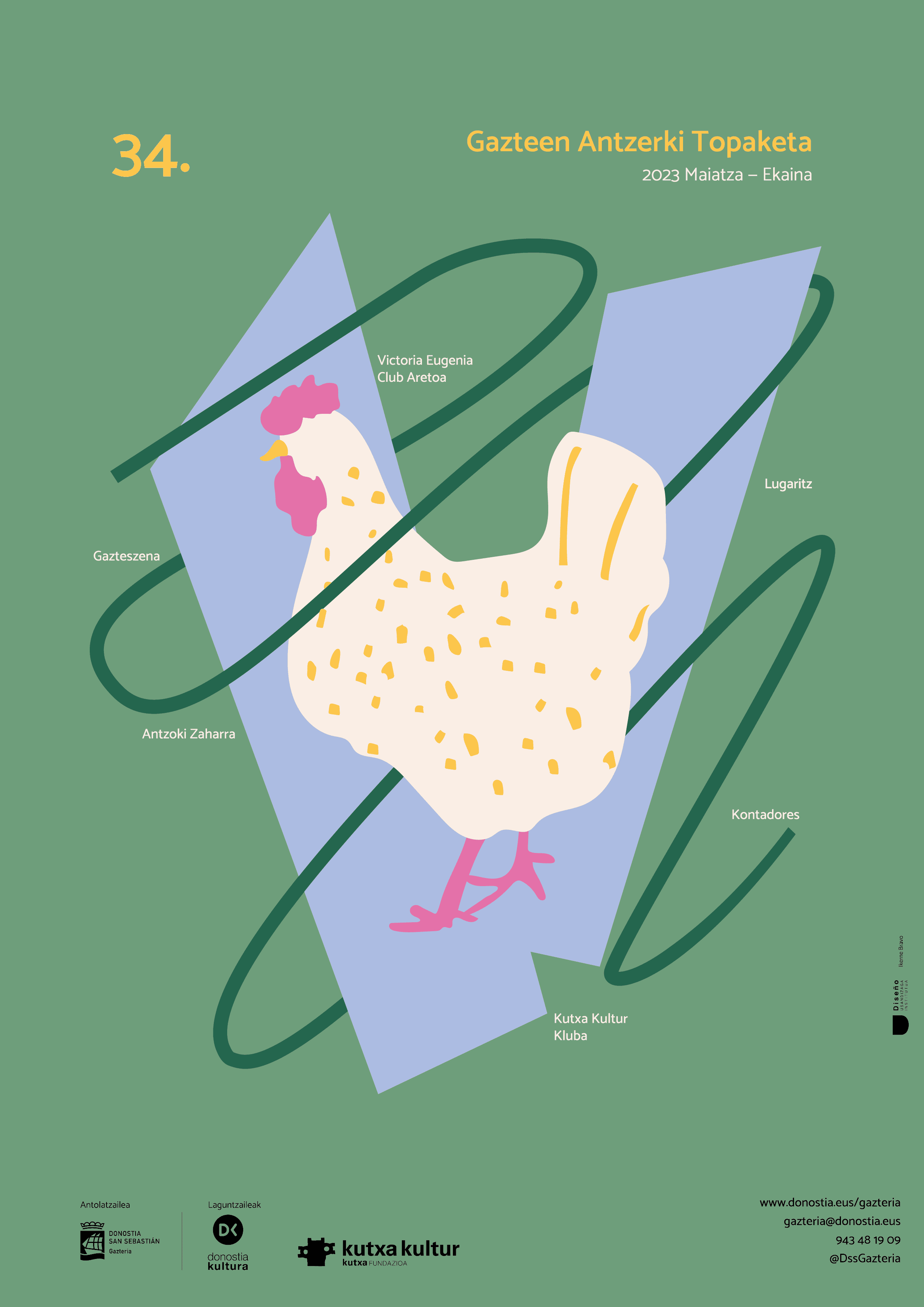 Diseño de cartel con ilustración de gallina de la campaña de Gazteen Antzerki Topaketa