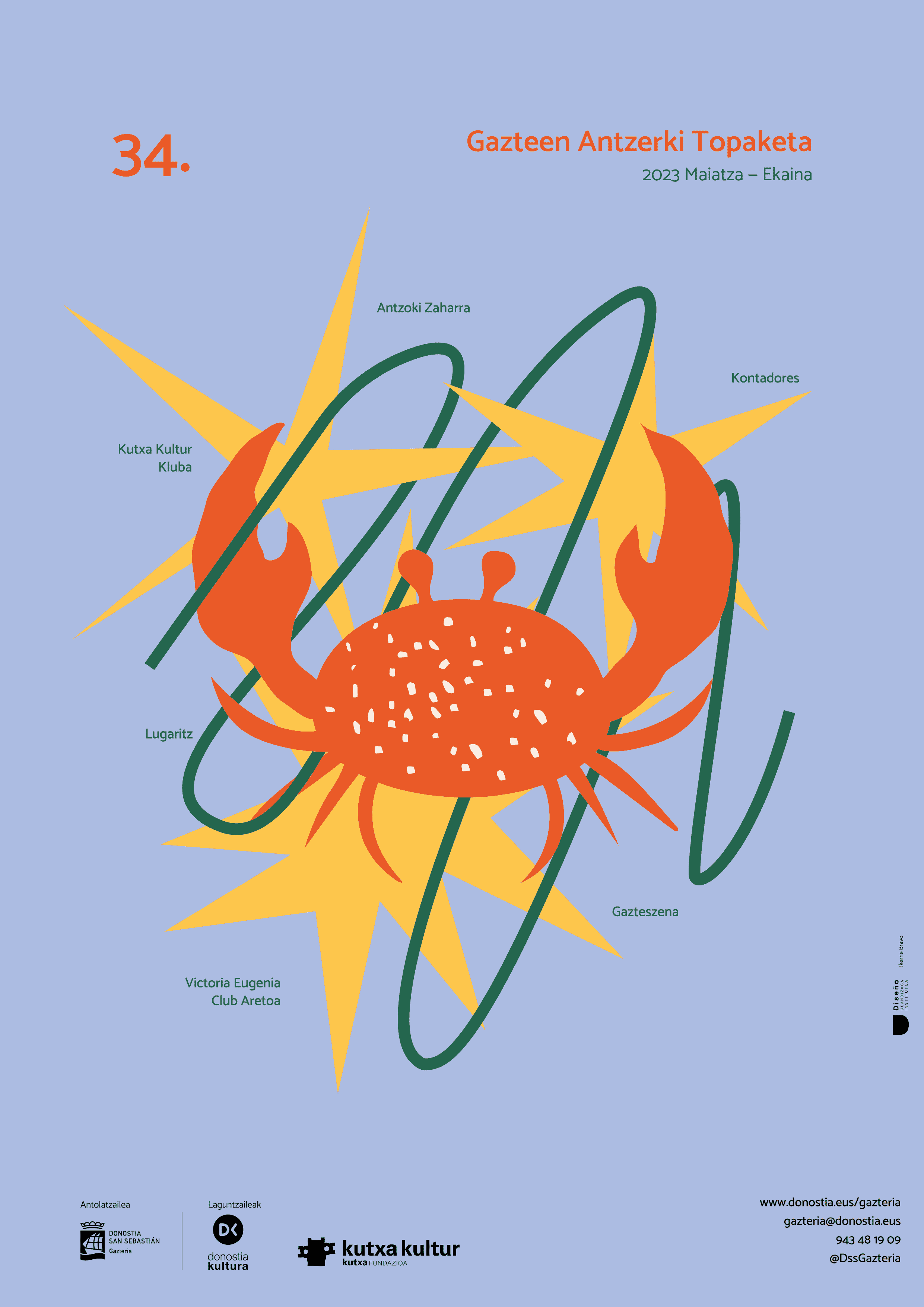 Diseño de cartel con ilustración de cangrejo de la campaña de Gazteen Antzerki Topaketa